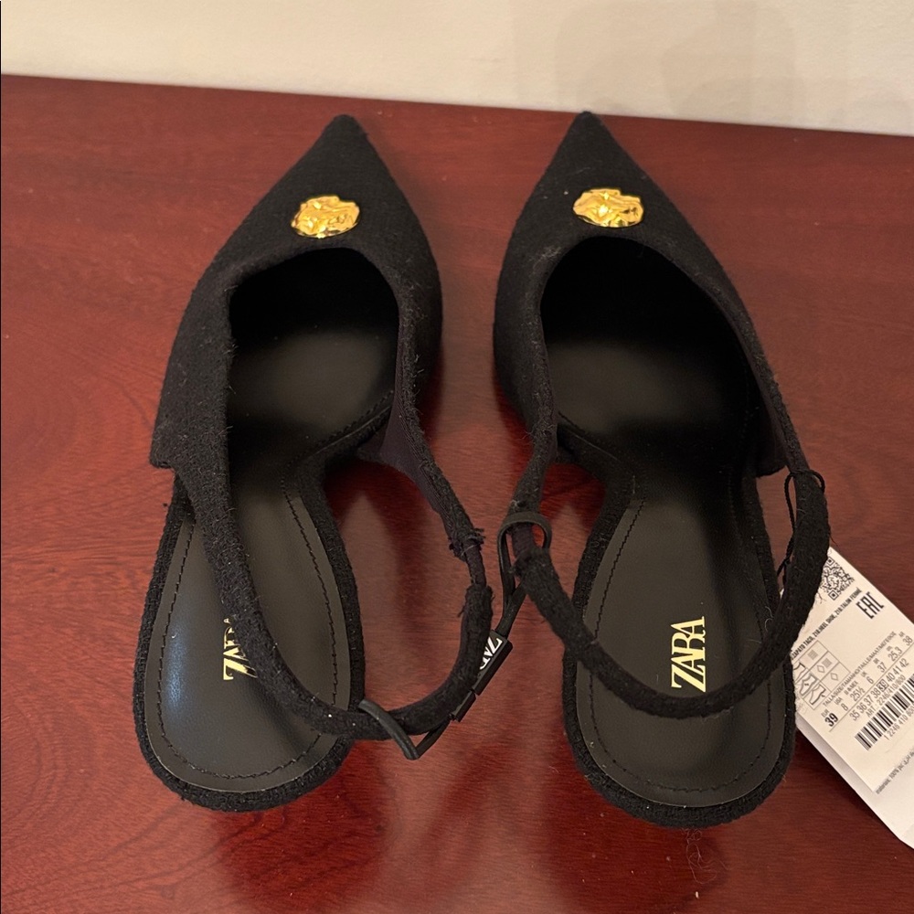 Zara tweed textured decorative button pointed toe black sling back heels sz.8 - Picture 7 of 13